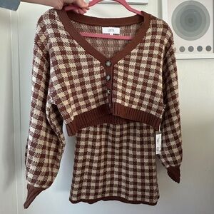 Lucca Brown & Cream Checked Cropped Sweater Skirt Set